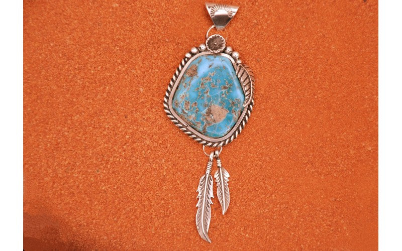 Pendentif turquoise-pilot mountain-argent 925/1000-piece unique-plumes-bijoux amerindiens-boheme-idee cadeau