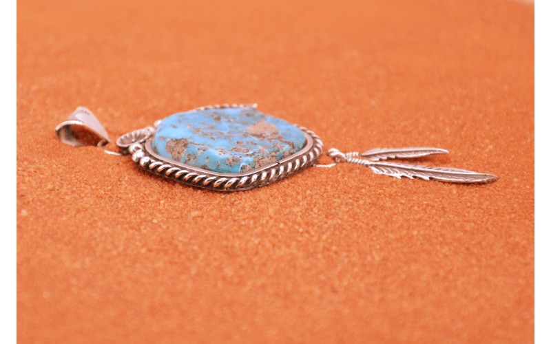 Pendentif turquoise-pilot mountain-argent 925/1000-piece unique-plumes-bijoux amerindiens-boheme-idee cadeau