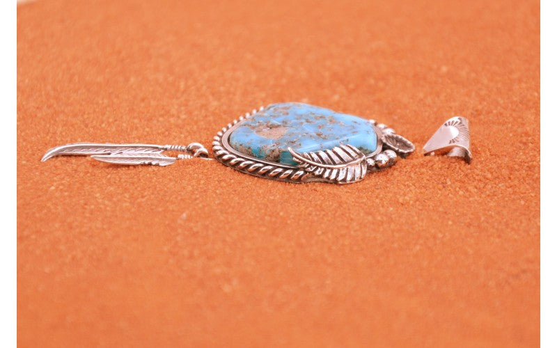 Pendentif turquoise-pilot mountain-argent 925/1000-piece unique-plumes-bijoux amerindiens-boheme-idee cadeau