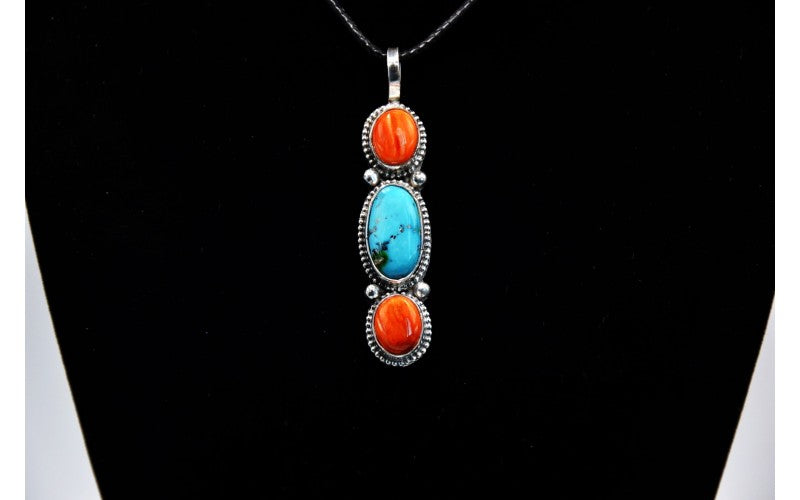 Pendentif turquoise sonora-spiny oyster-argent 925/1000-idée cadeau-style navajo-artisanat-boheme-bijoux amerindiens-femme