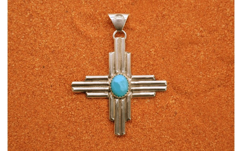 pendentif zia-turquoise kingman-argent 925-idee cadeau-symbole-bijoux amerindiens-artisanat-croix