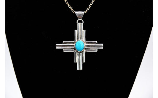 pendentif zia-turquoise kingman-argent 925-idee cadeau-symbole-bijoux amerindiens-artisanat-croix