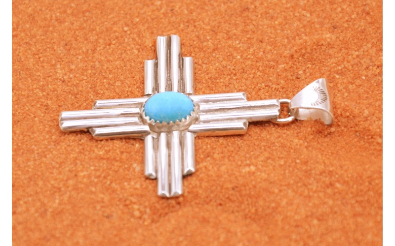 pendentif zia-turquoise kingman-argent 925-idee cadeau-symbole-bijoux amerindiens-artisanat-croix